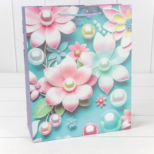 Пакет подарочный с блёстками "Цветы" (микс 262) 26*32*10 210г 1/20 1/240 Арт: 000262C