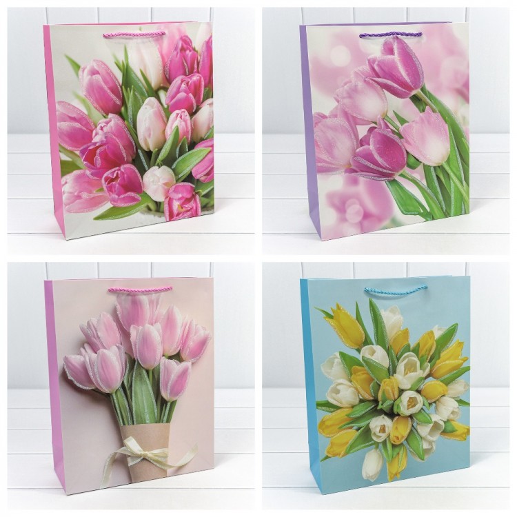 Пакет подарочный с блёстками "Тюльпаны" (микс 311) 26*32*12 210г 1/20 1/240 Арт: 000311C