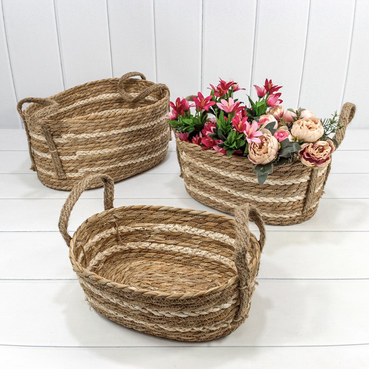 Корзины плетёные Овальные Набор 1/3 38*26*18 (±5%) из камыша с ручками (252) Натуральный 1/8 Арт: 420116/252